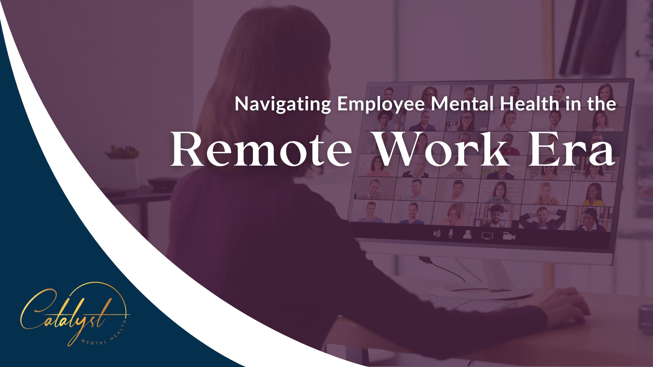 A blog header graphic showing a female employee sitting at a computer during a virtual team meeting, signifying the need for work from home mental health programs.