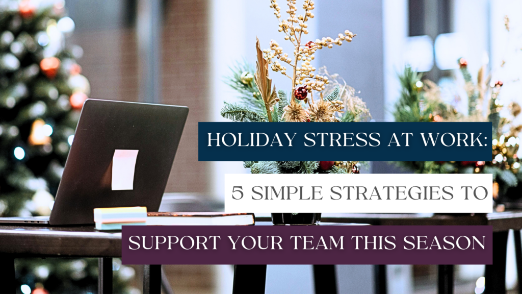 A computer is seen with a christmas tree in the background, respresenting holiday stress at work.