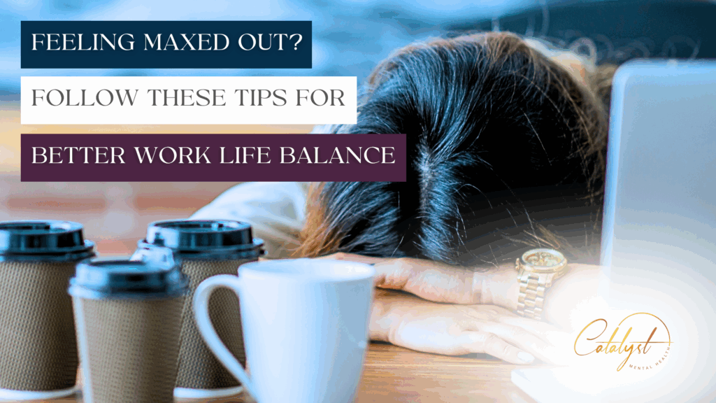 A woman sits with her head on her work desk, surrounded by coffee cups, representing the need for better work life habits.