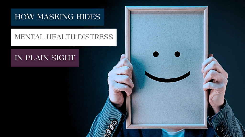 A man hides behind a sign with a smiley face on it, representing mental health masking.