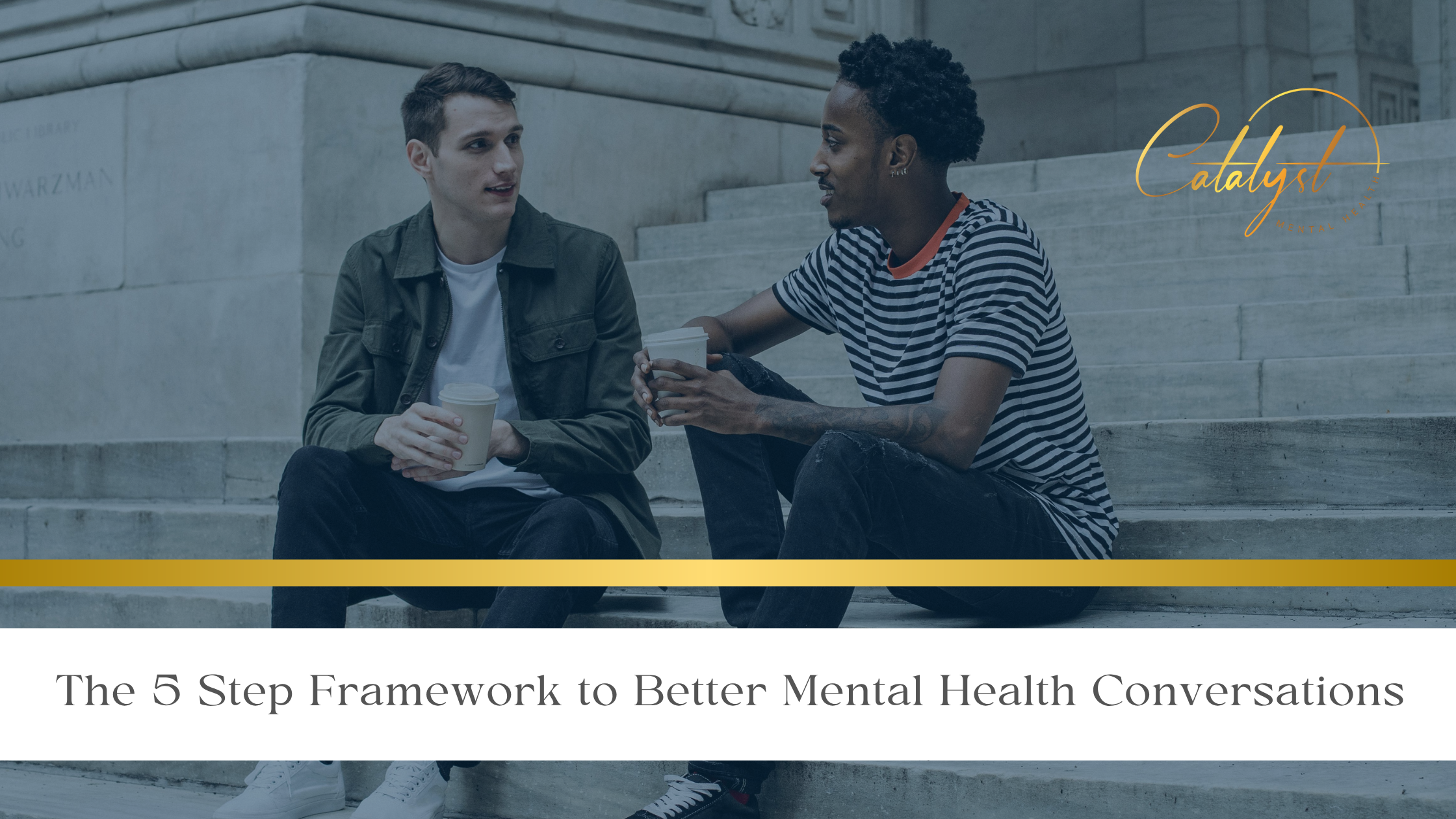 Two met sit on a flight of stairs, talking about mental health, while drinking cups of coffee.